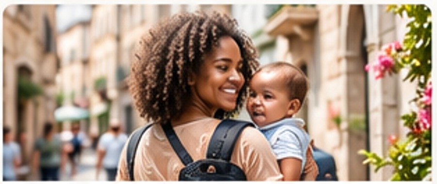 Mother and baby exploring a clean pedestrian street