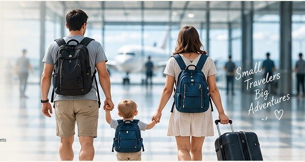 Family moving through an airport