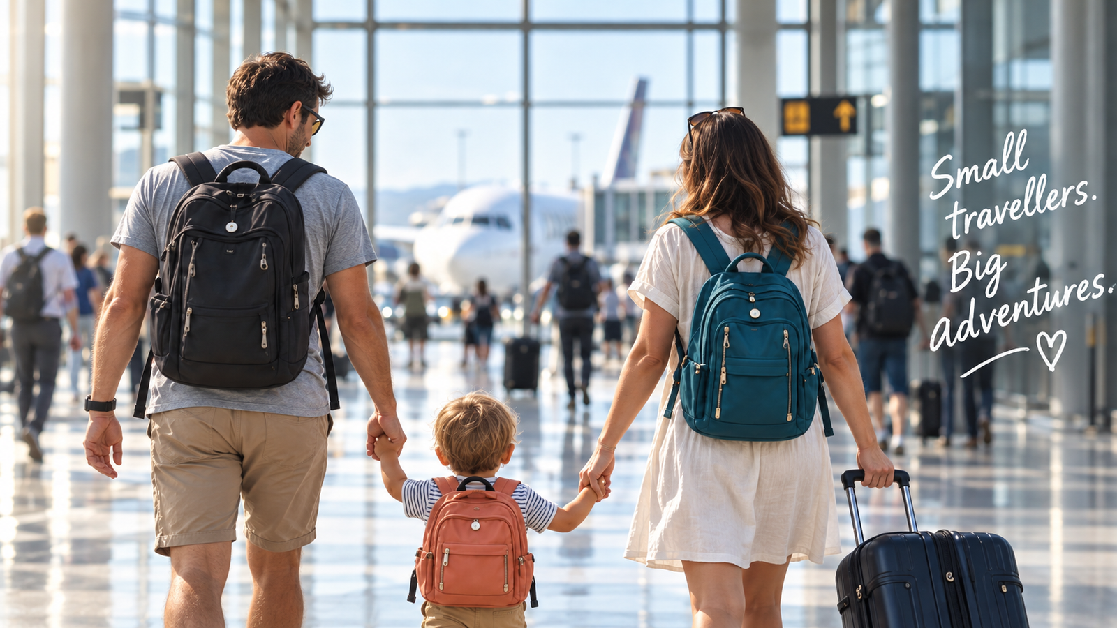 Family travelling light through a clean airport